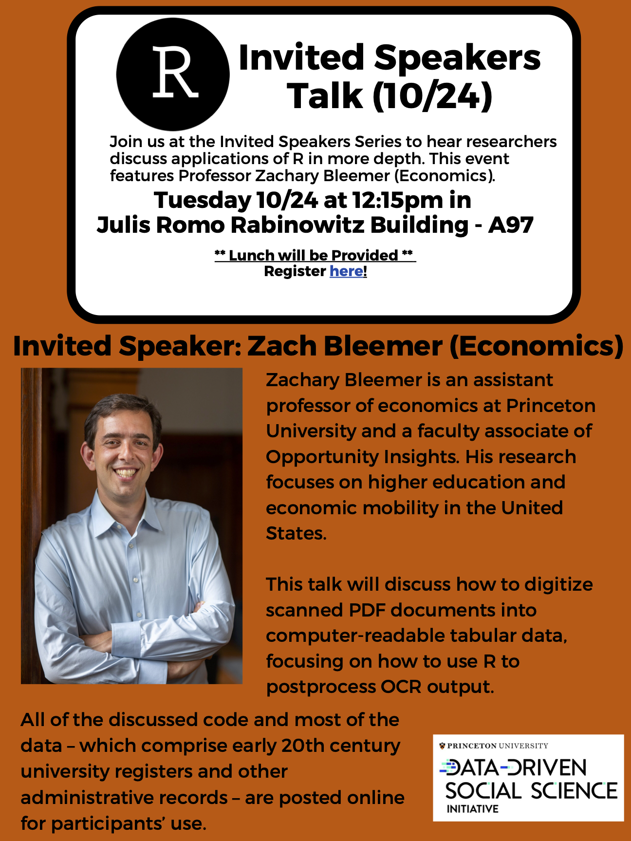 Poster for R Group talk from Economics Professor Zachary Bleemer