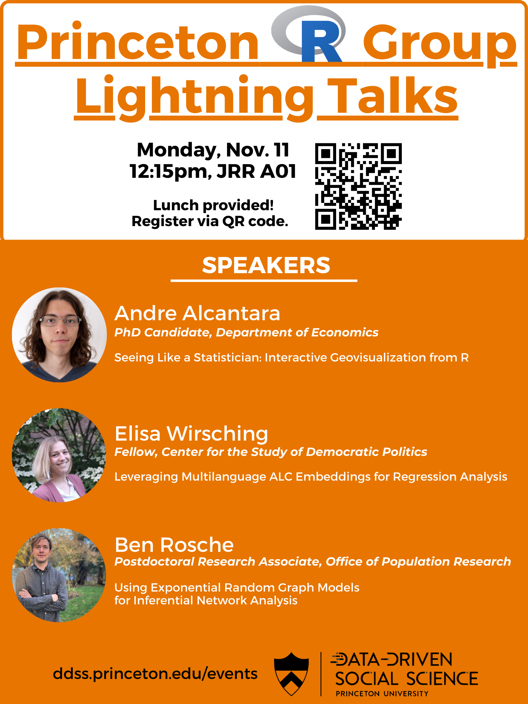 Poster for R Group lightning talks from Economics, Politics, and Sociology grad, postdoc, and fellows speakers