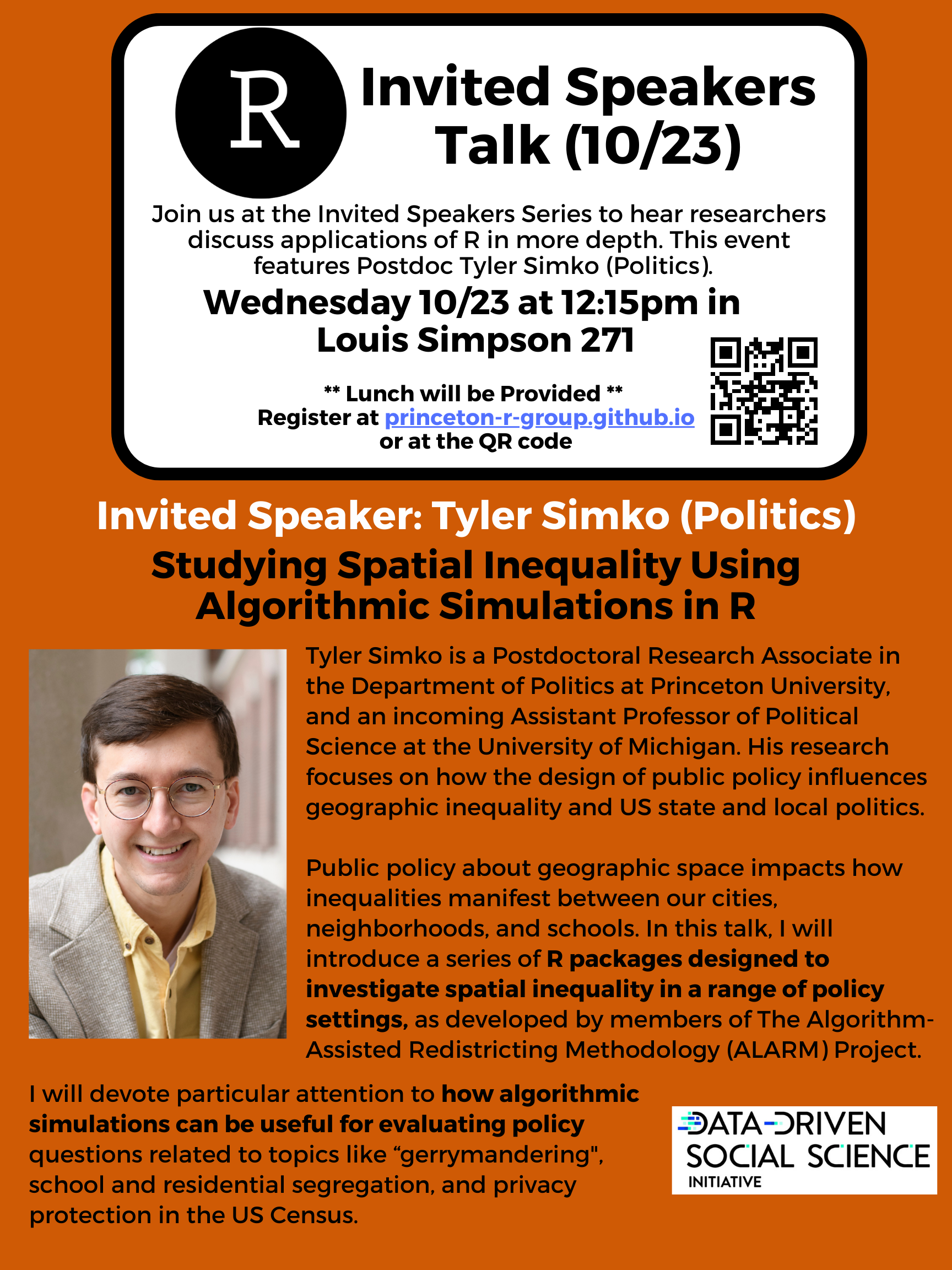 Poster for R Group talk from Politics Postdoctoral Research Associate Tyler Simko