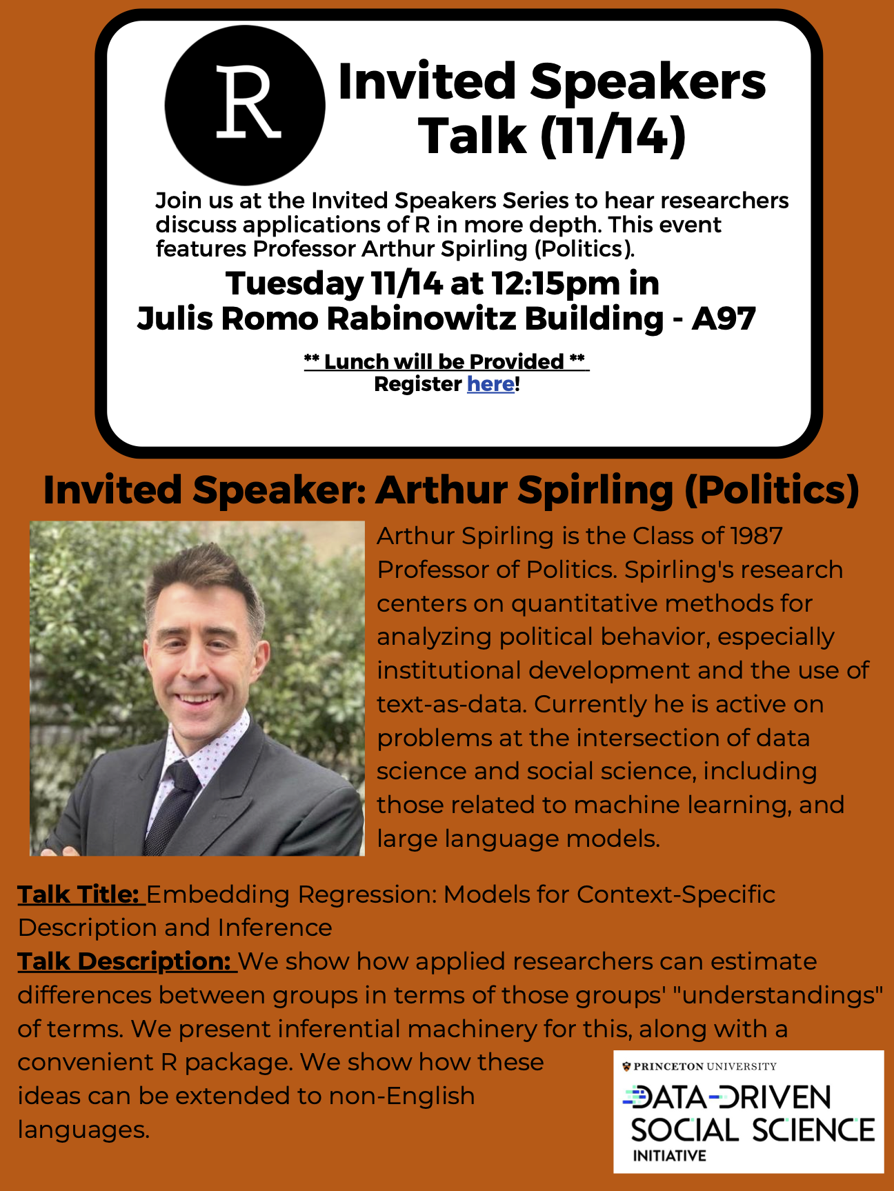 Poster for R Group talk from Politics Professor Arthur Spirling