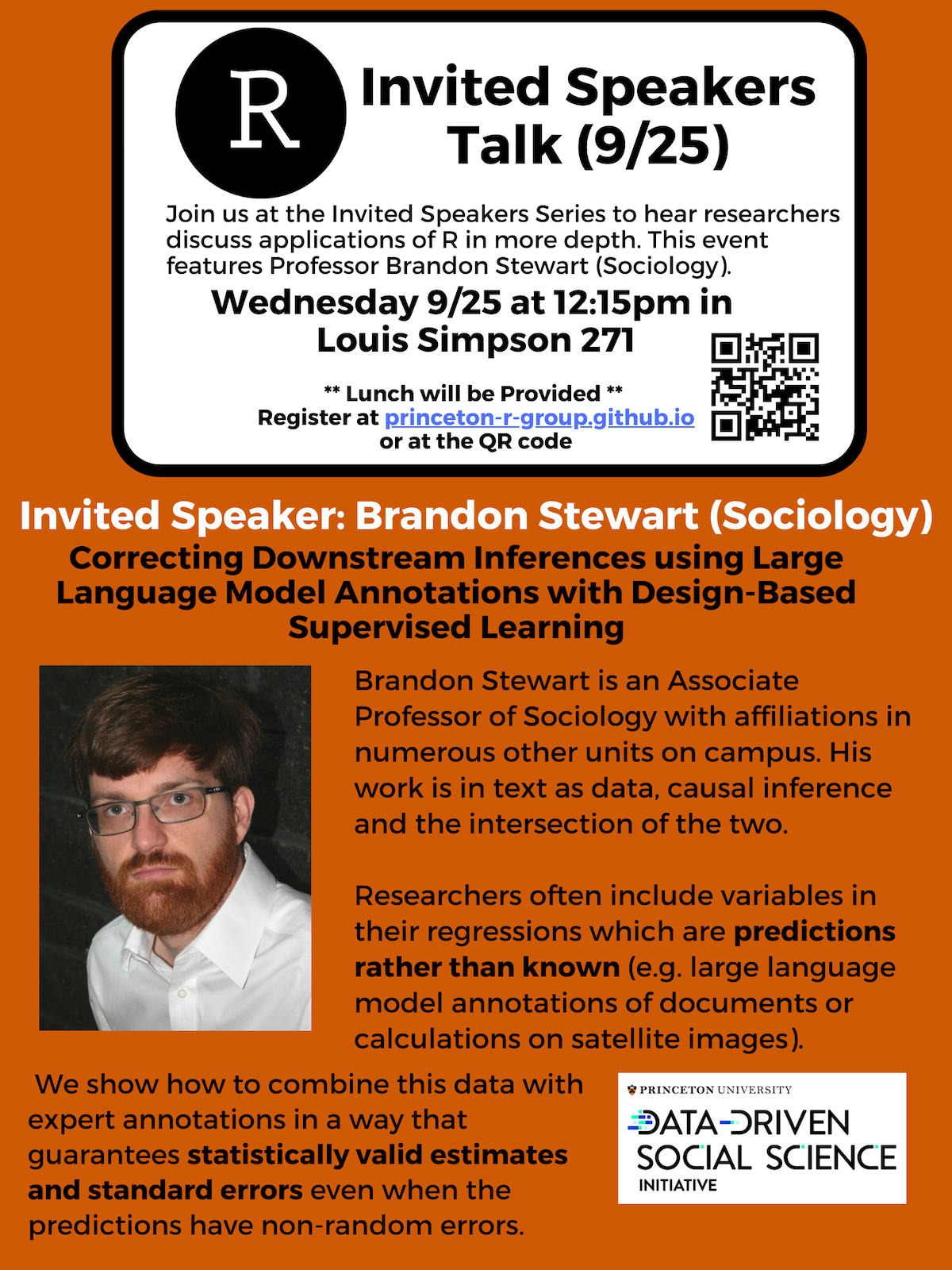 Poster for R Group talk from Sociology Professor Brandon Stewart