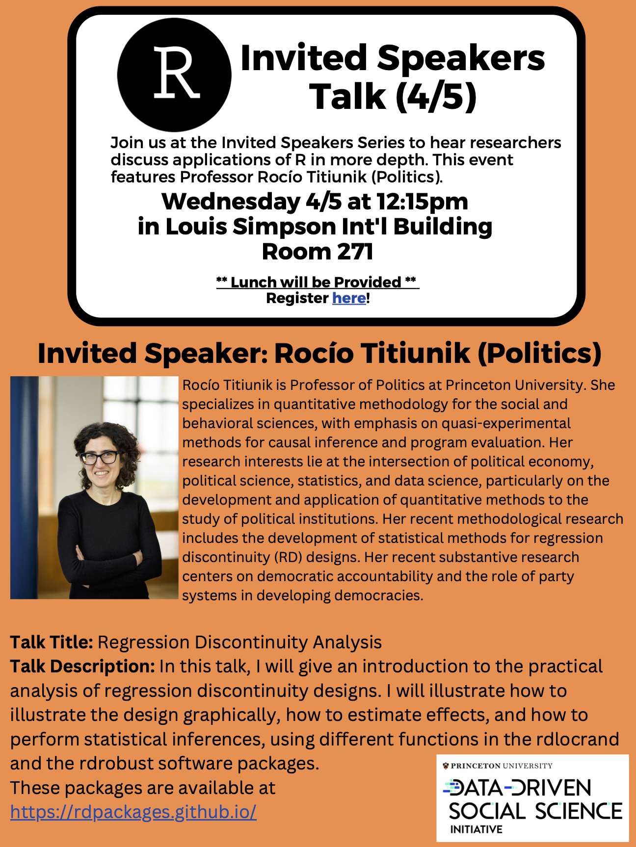 Poster for R Group talk from Politics Professor Rocio Titiunik